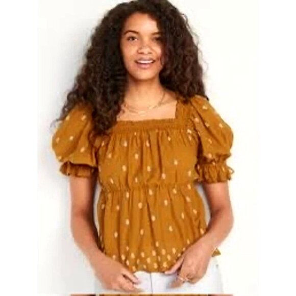 Old Navy XL Babydoll Blouse Gold Puff Sleeve Square Neck Top Embroidered Smocked - Picture 1 of 6
